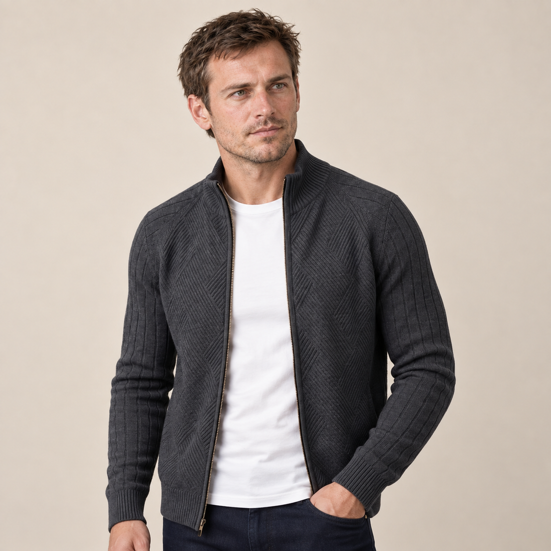 Men's Diamond Knit Full-Zip Cardigan