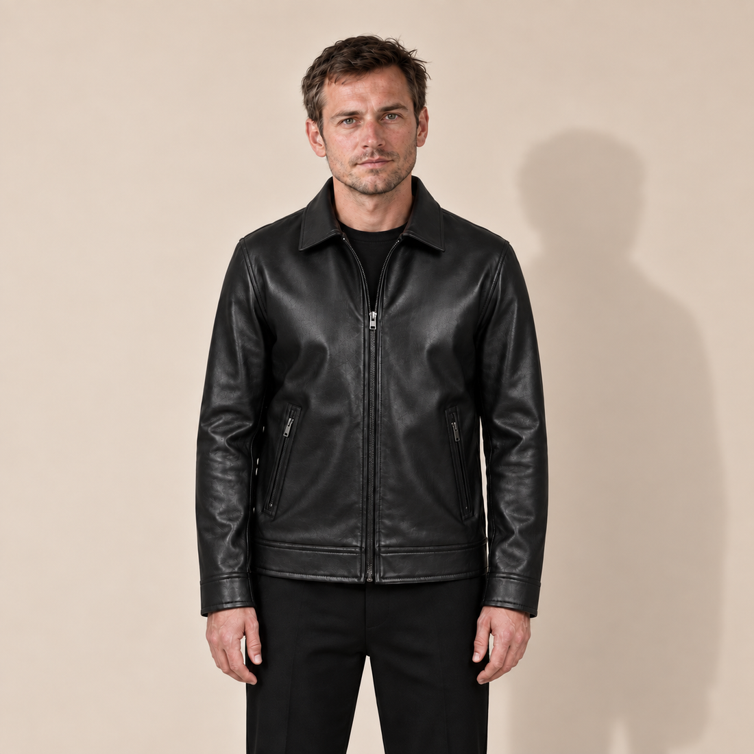 Men's Faux Leather Jacket with Zip Pockets