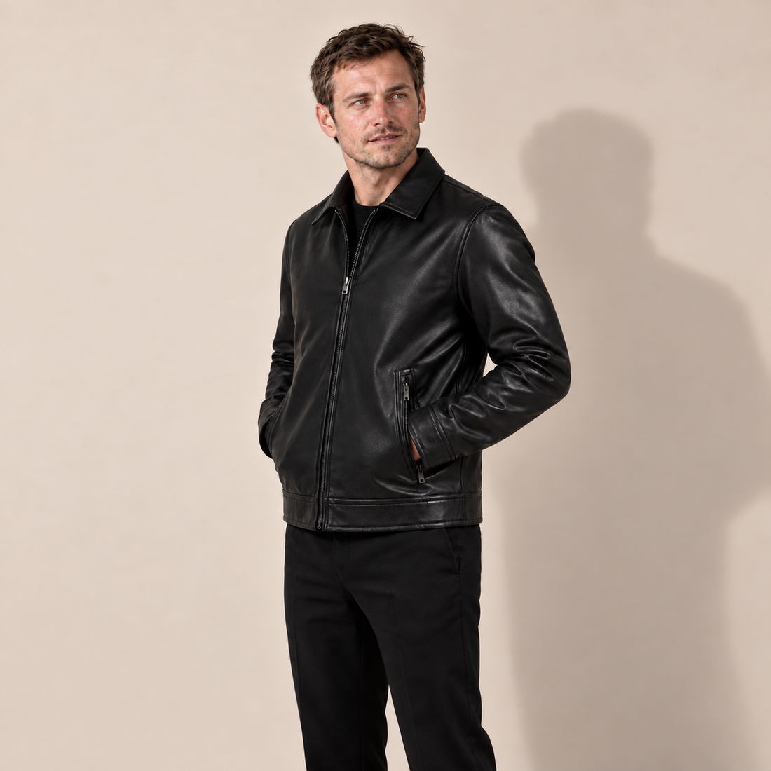 Men's Faux Leather Jacket with Zip Pockets