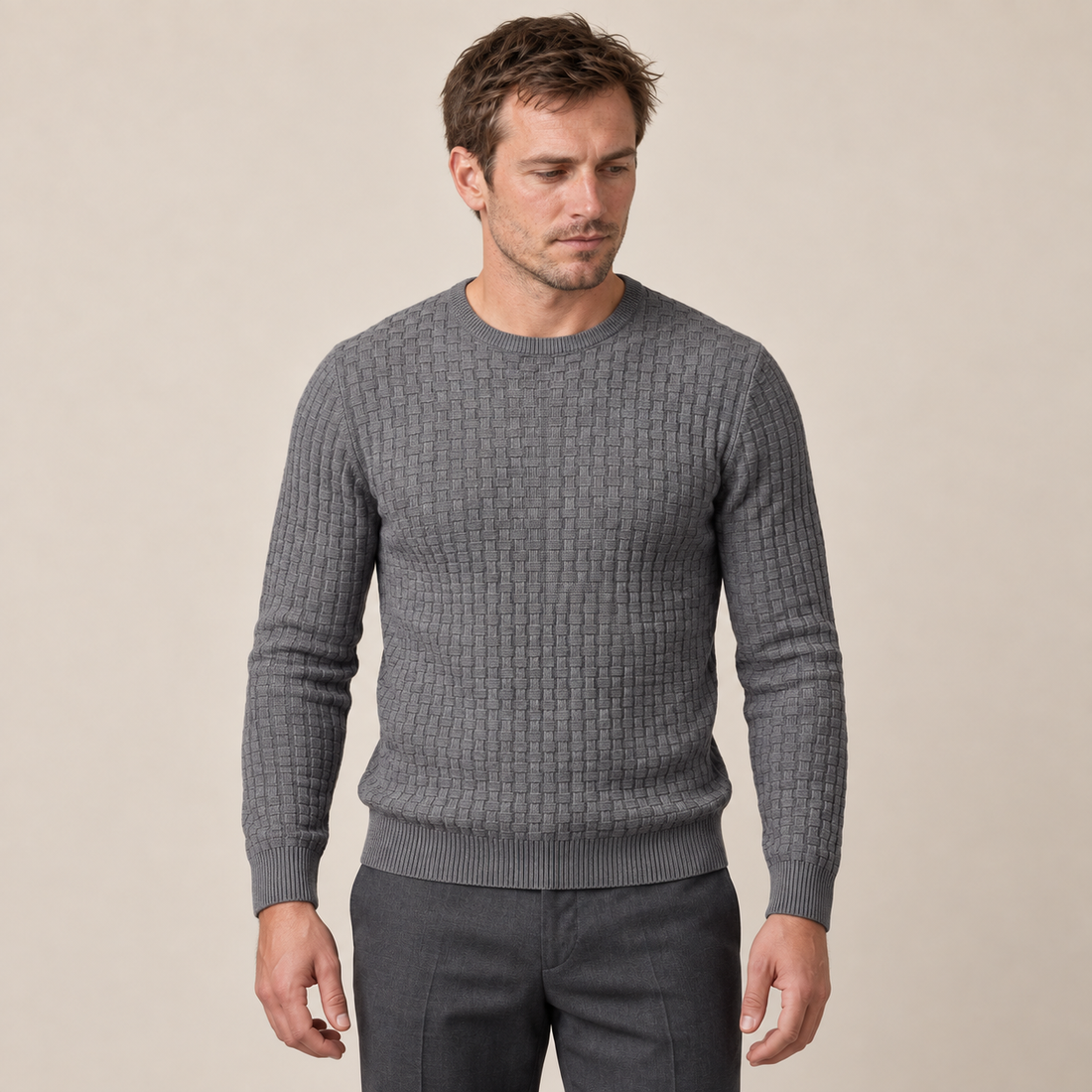 Men's Basketweave Knit Crew Sweater