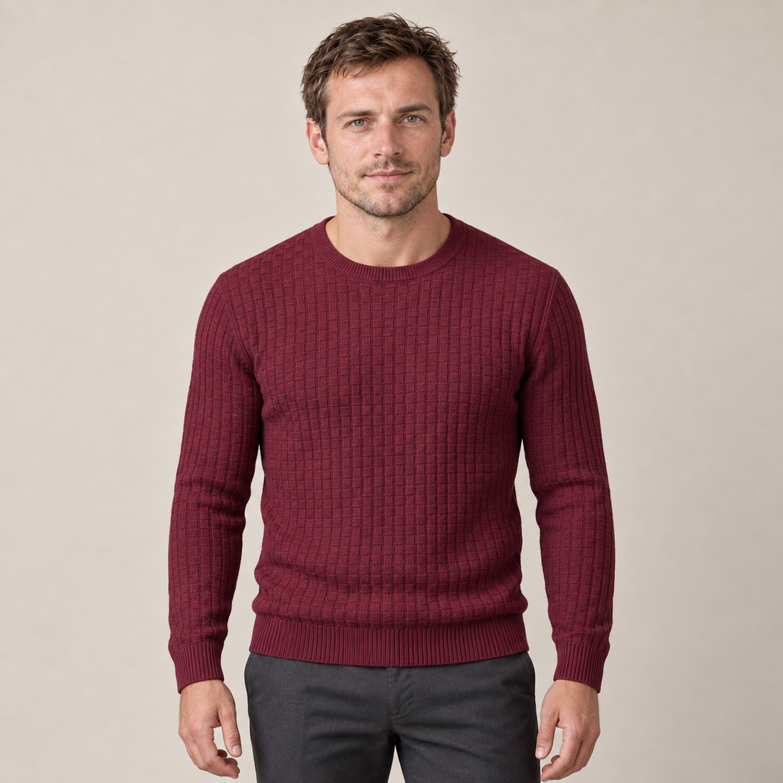 Men's Basketweave Knit Crew Sweater