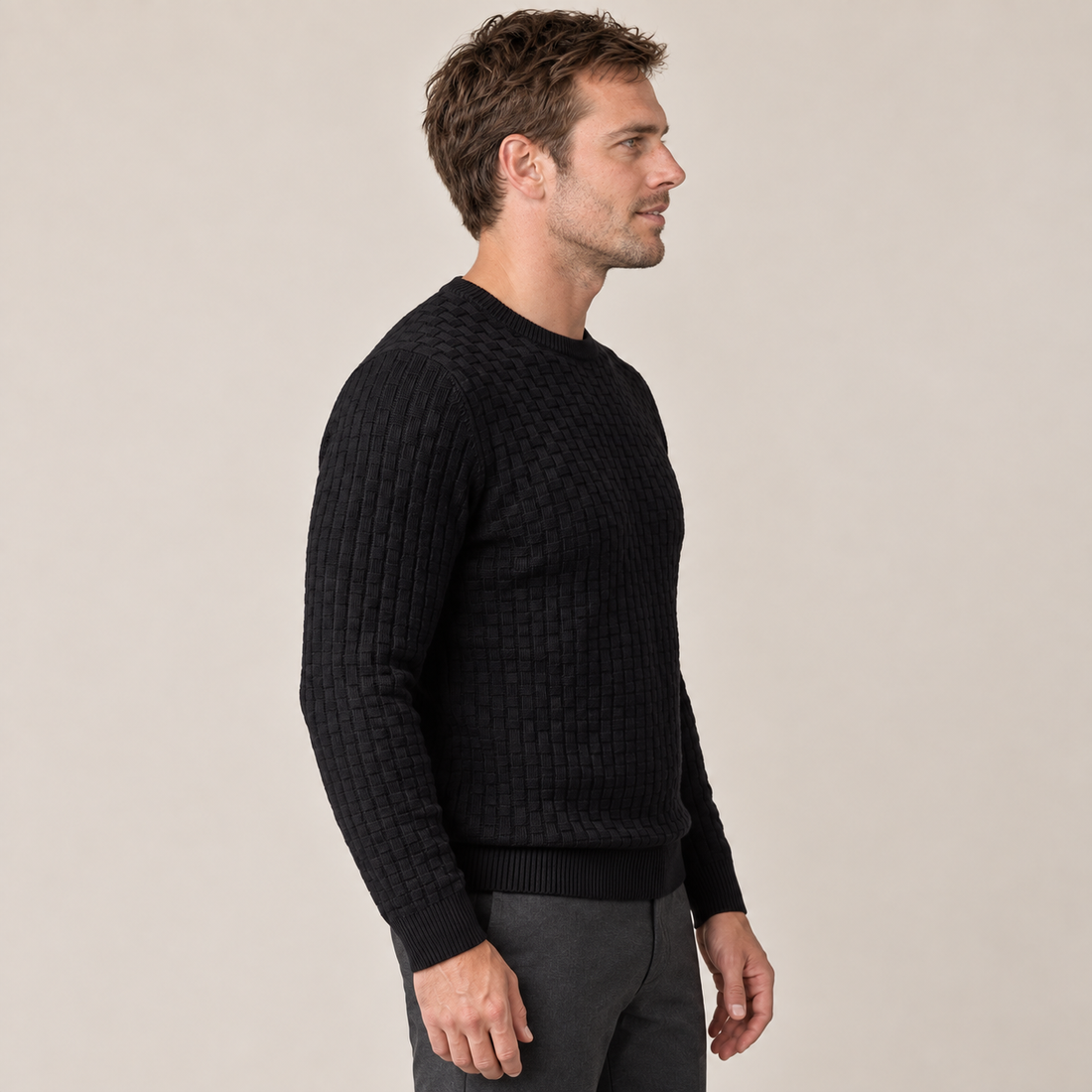 Men's Basketweave Knit Crew Sweater
