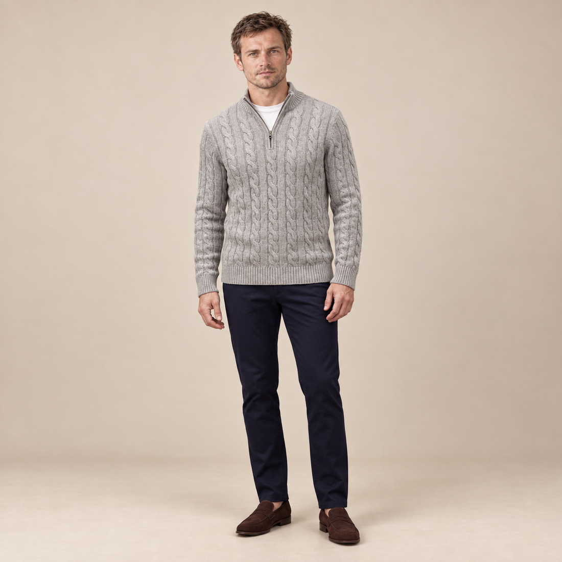 Men's Cotton-Blend Cable Knit Quarter-Zip Sweater