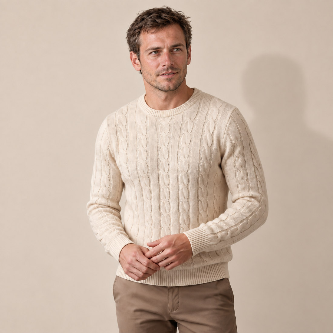 Men's Cable Knit Wool Crew Neck Sweater