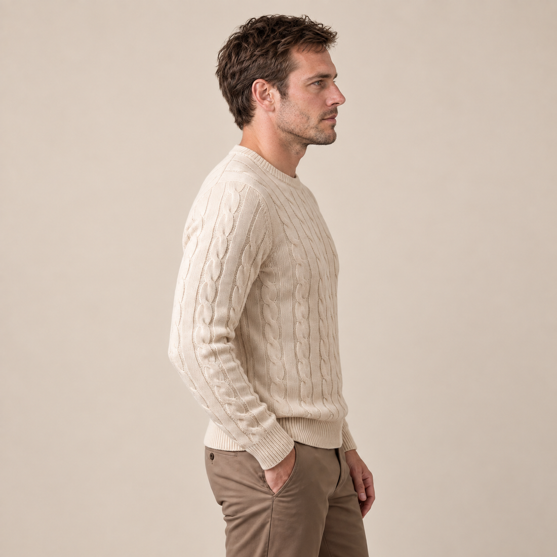Men's Cable Knit Wool Crew Neck Sweater