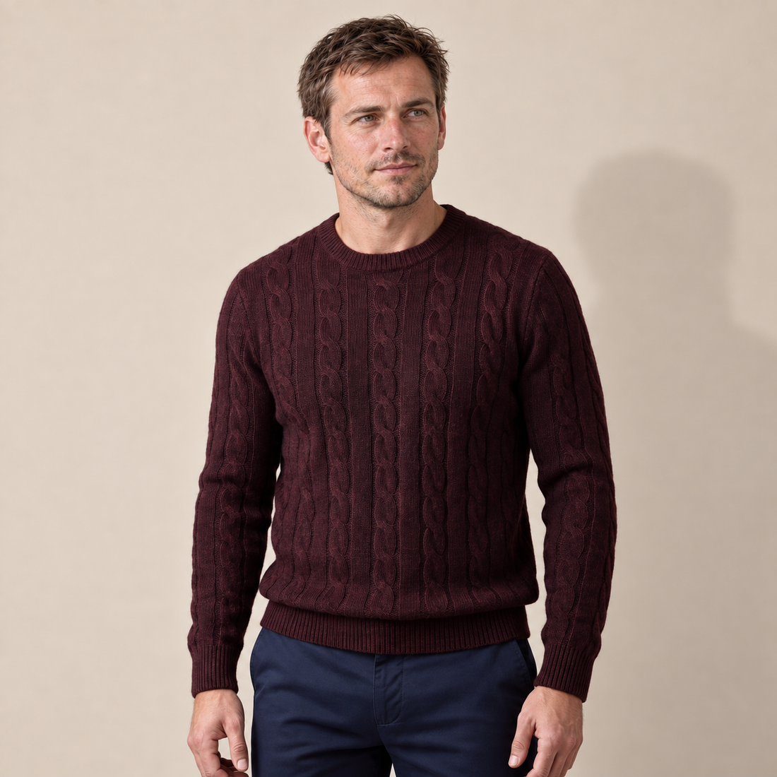 Men's Cable Knit Wool Crew Neck Sweater