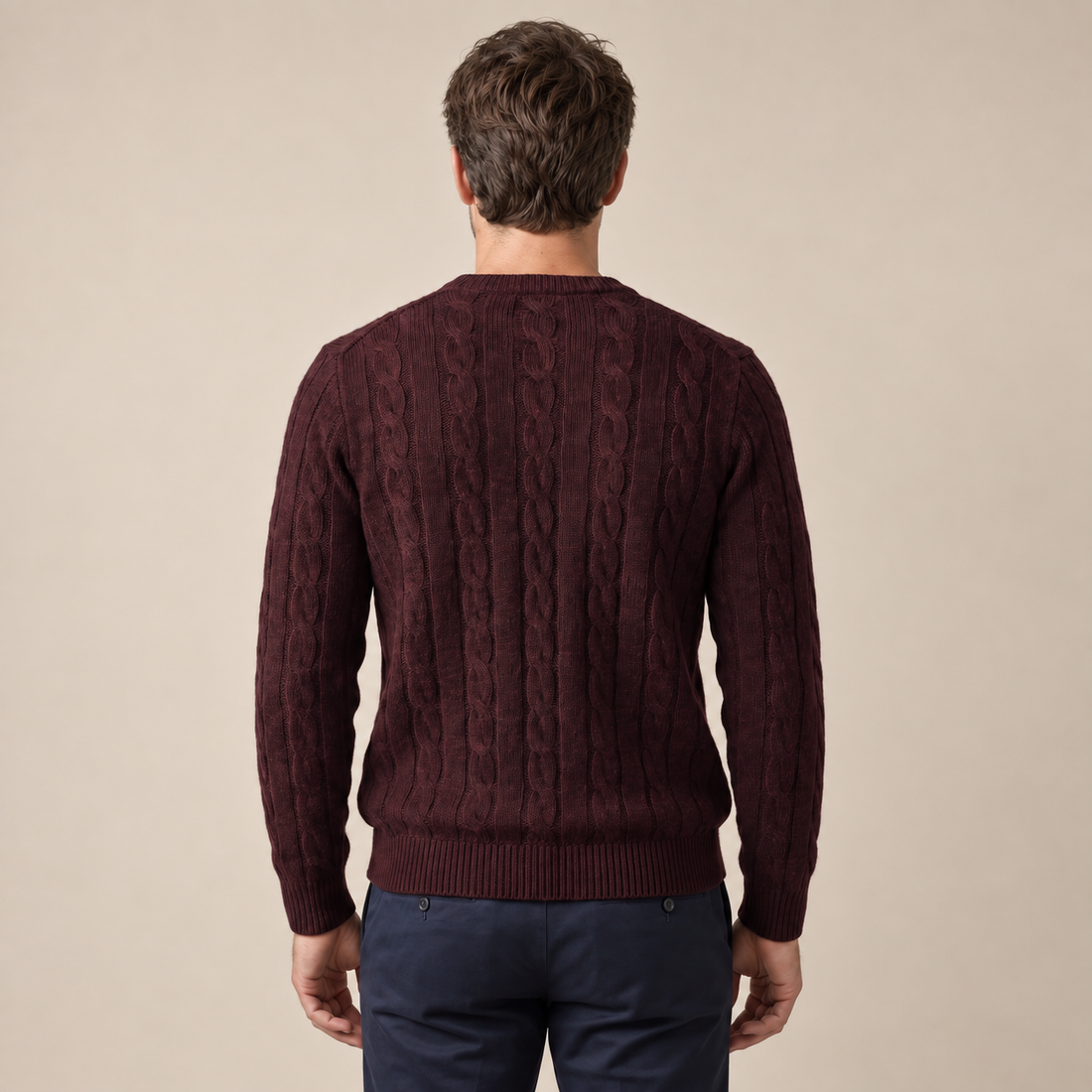 Men's Cable Knit Wool Crew Neck Sweater