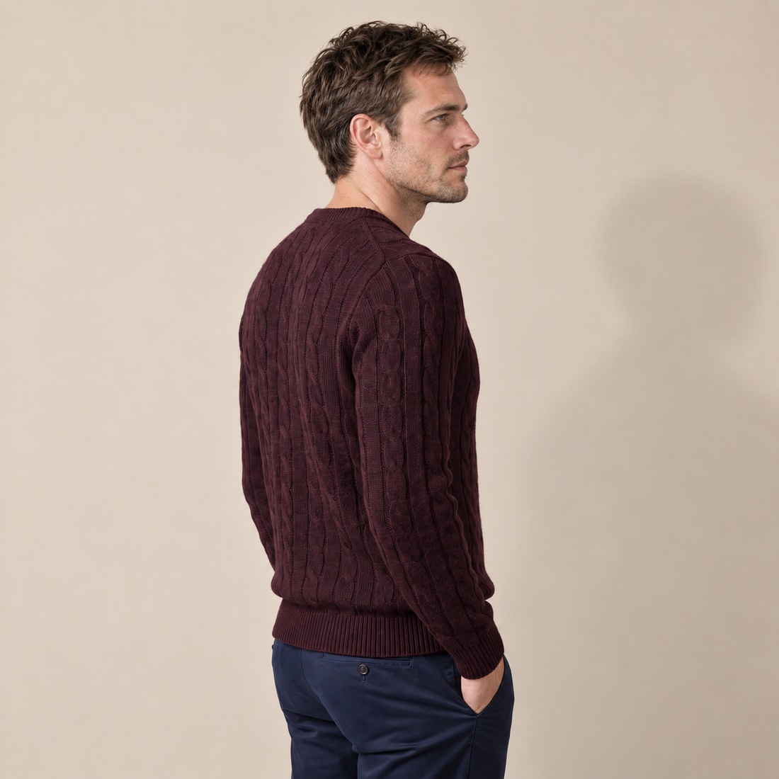 Men's Cable Knit Wool Crew Neck Sweater
