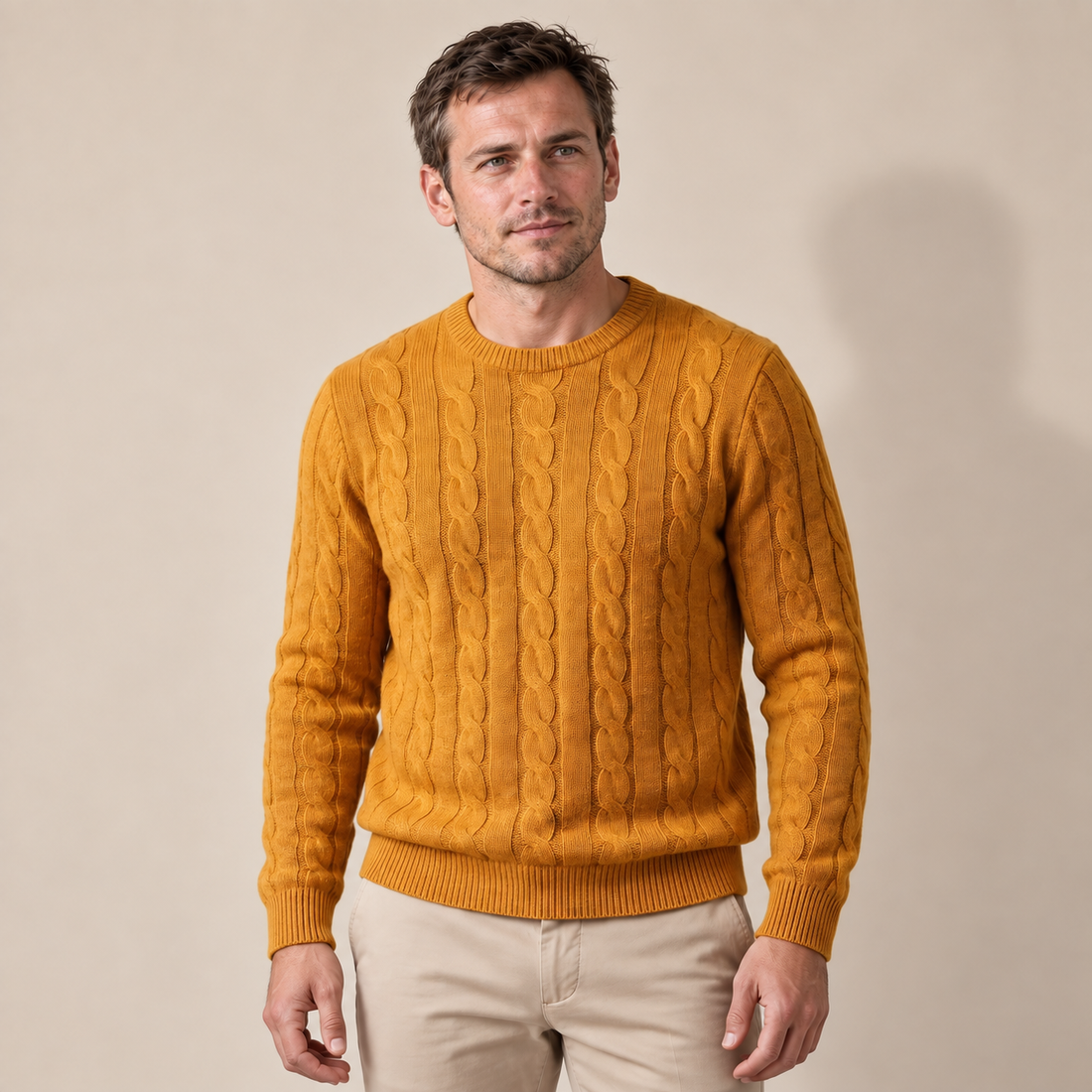 Men's Cable Knit Wool Crew Neck Sweater