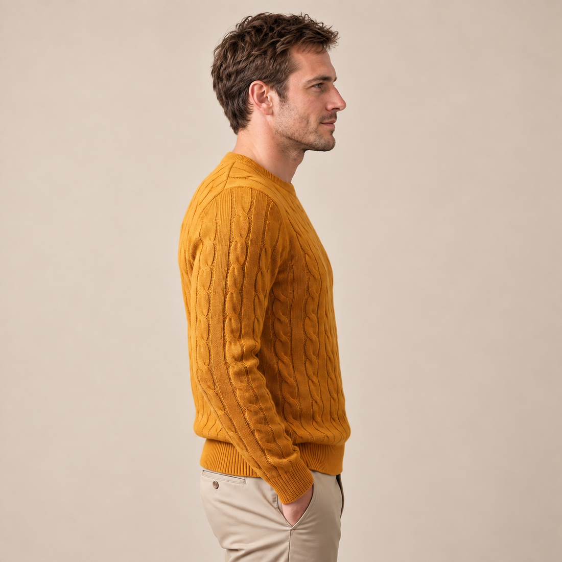 Men's Cable Knit Wool Crew Neck Sweater