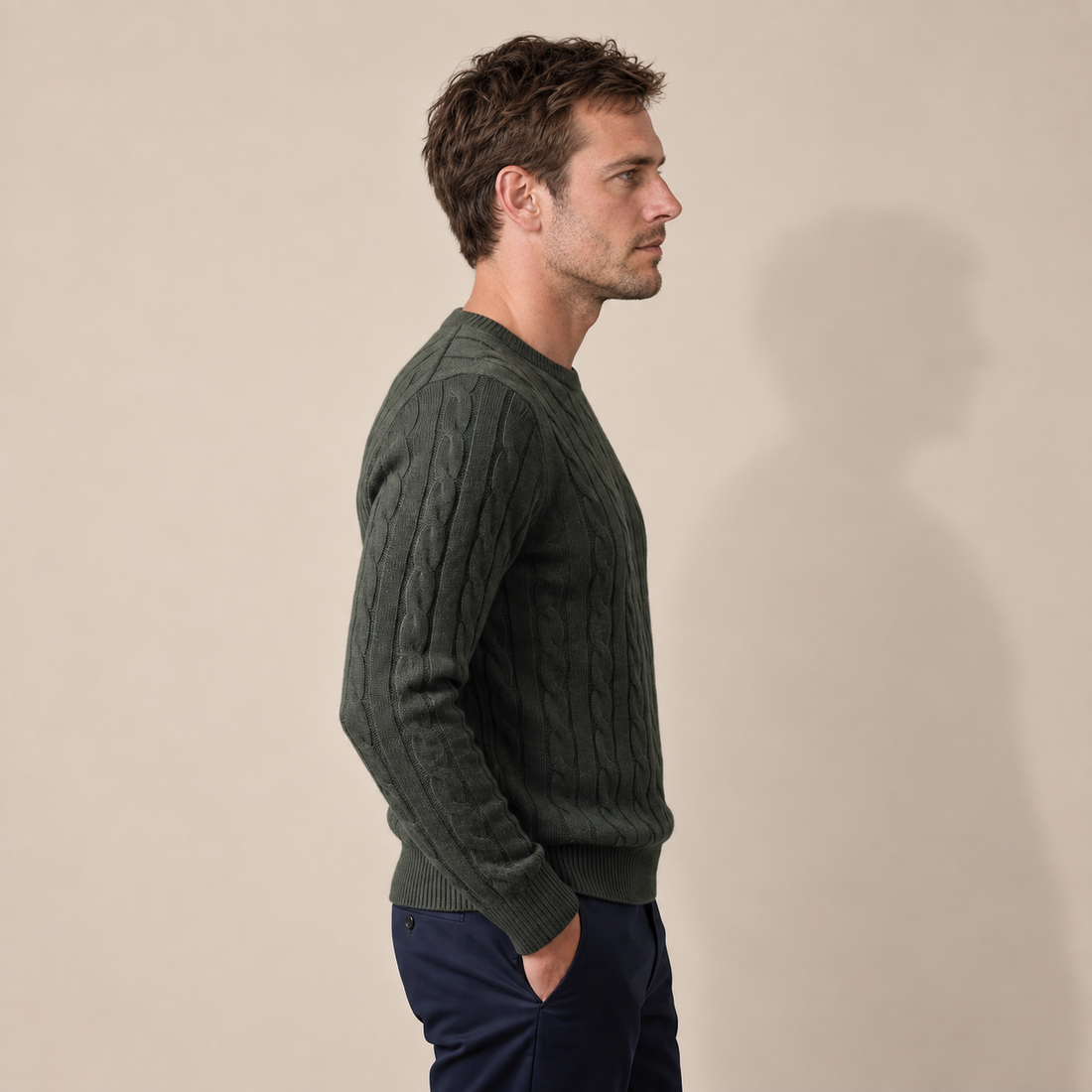 Men's Cable Knit Wool Crew Neck Sweater
