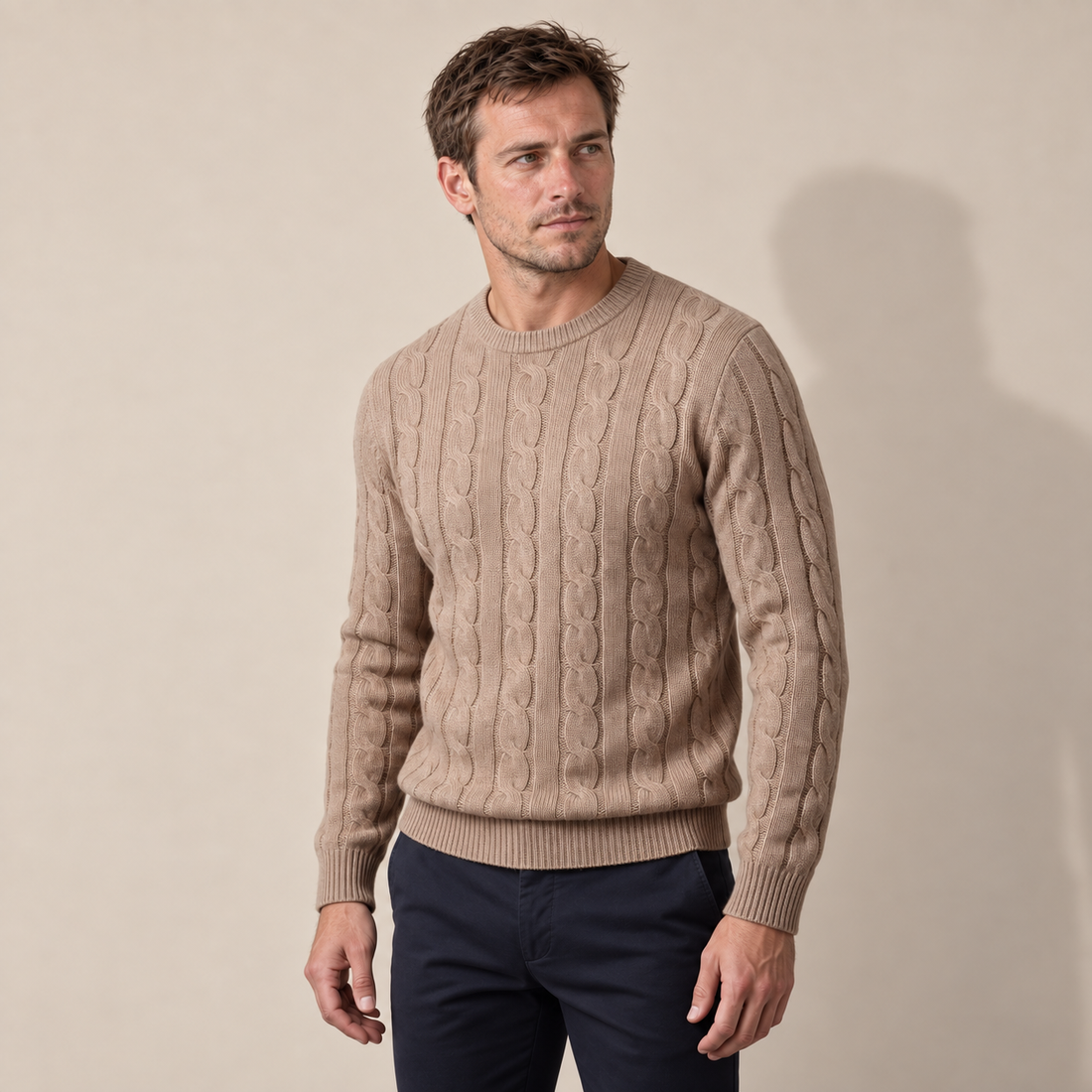Men's Cable Knit Wool Crew Neck Sweater