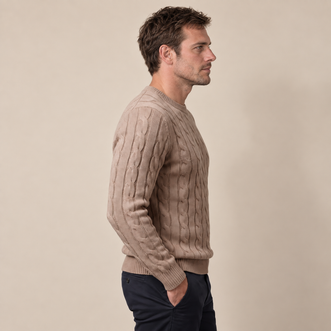 Men's Cable Knit Wool Crew Neck Sweater