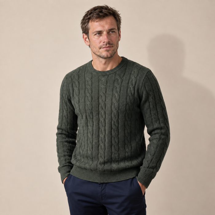 Men's Cable Knit Wool Crew Neck Sweater