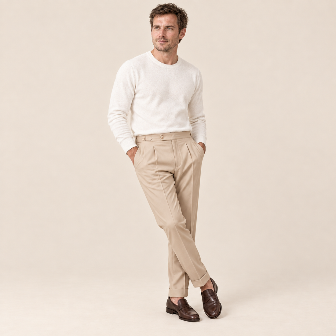 Men's Pleated Tailored Trousers with Turn-Ups