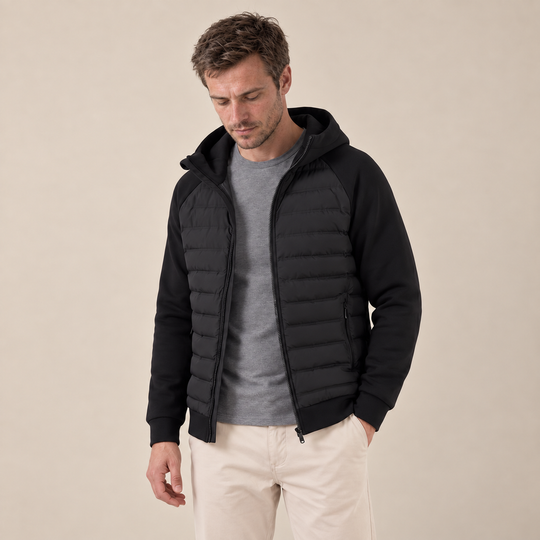 Men's Quilted Hybrid Jacket with Fleece Hood