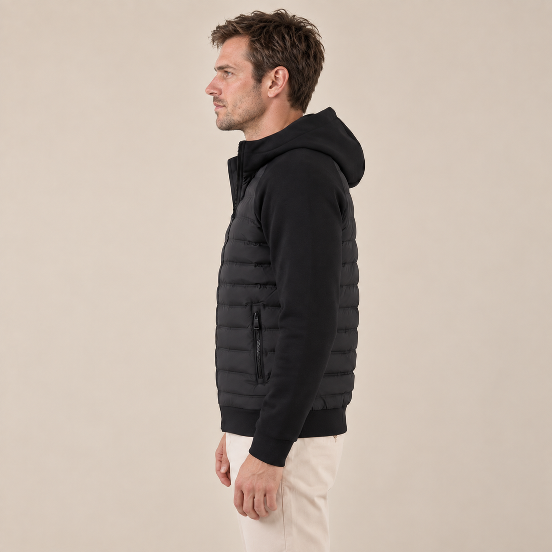 Men's Quilted Hybrid Jacket with Fleece Hood