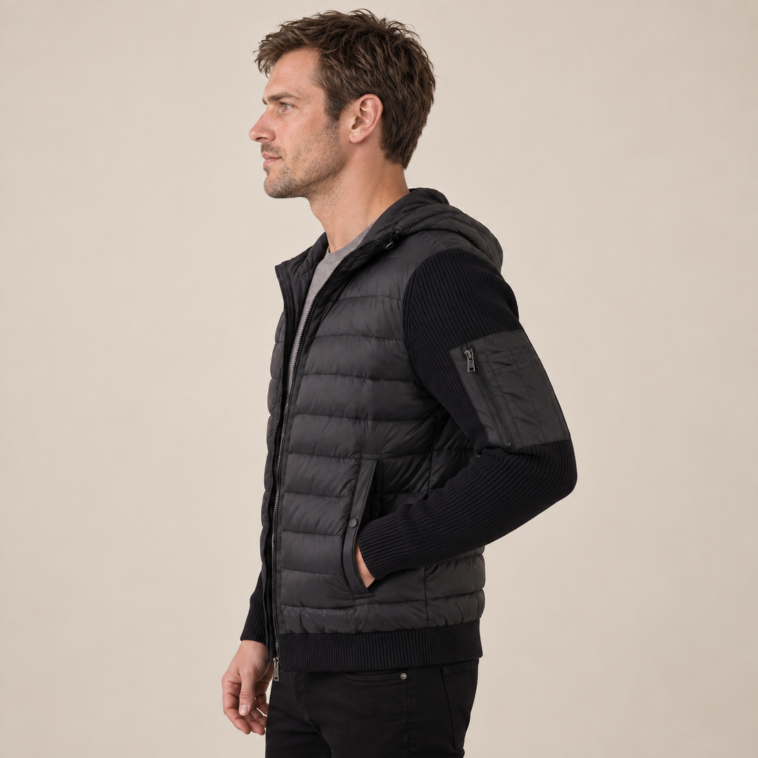 Men's Quilted Hybrid Jacket with Knit Sleeves