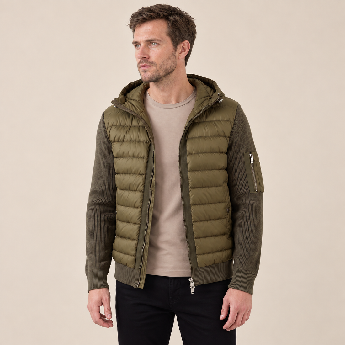 Men's Quilted Hybrid Jacket with Knit Sleeves