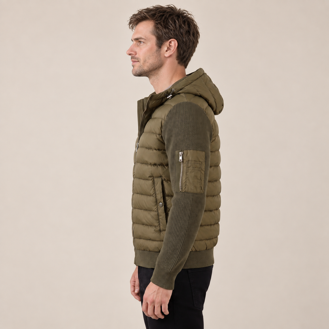 Men's Quilted Hybrid Jacket with Knit Sleeves