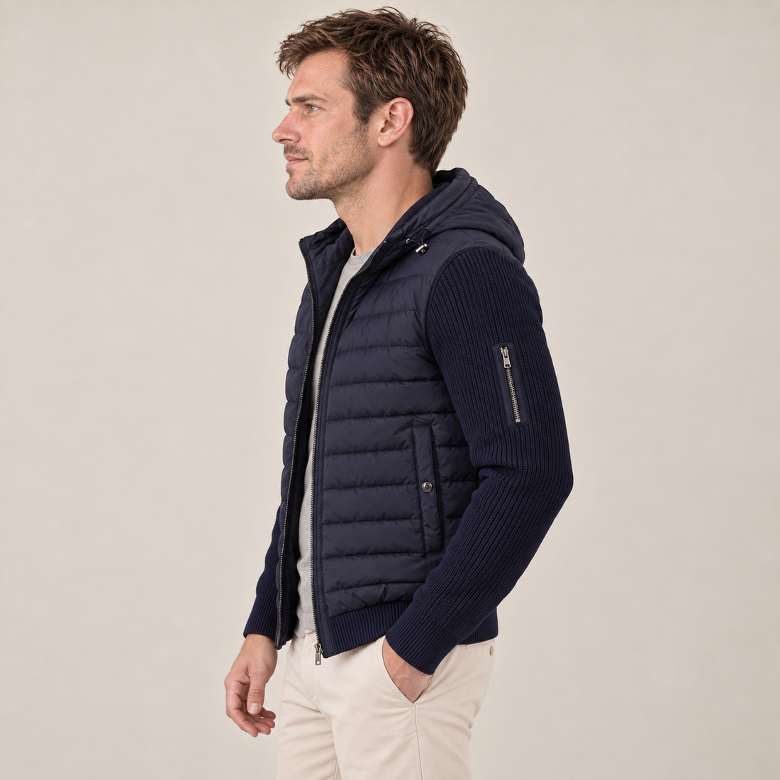 Men's Quilted Hybrid Jacket with Knit Sleeves
