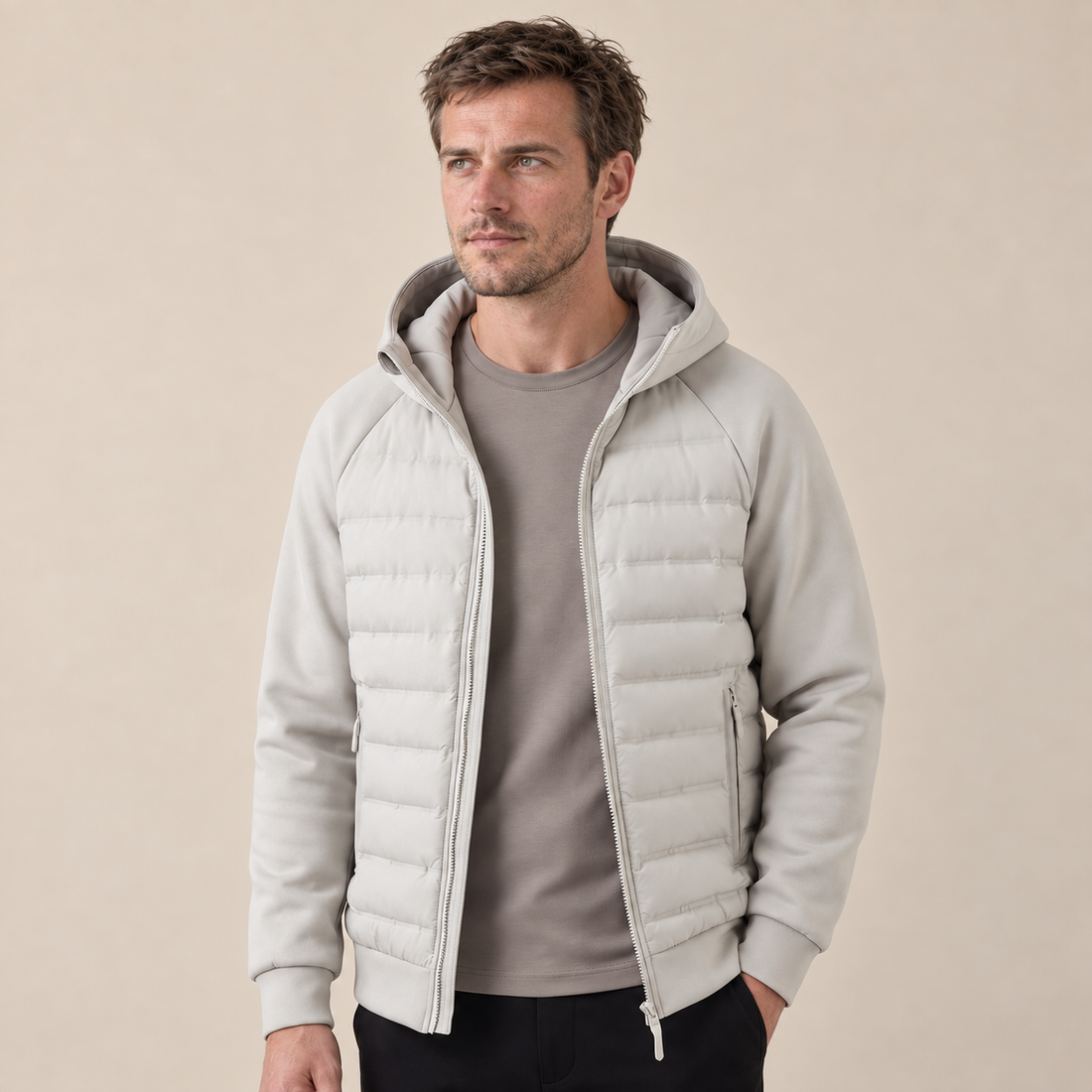 Men's Quilted Hybrid Jacket with Fleece Hood
