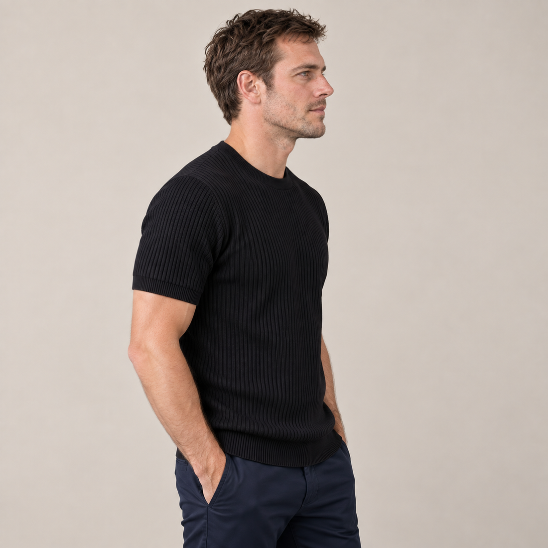 Men's Ribbed Knit Crew Neck T-Shirt