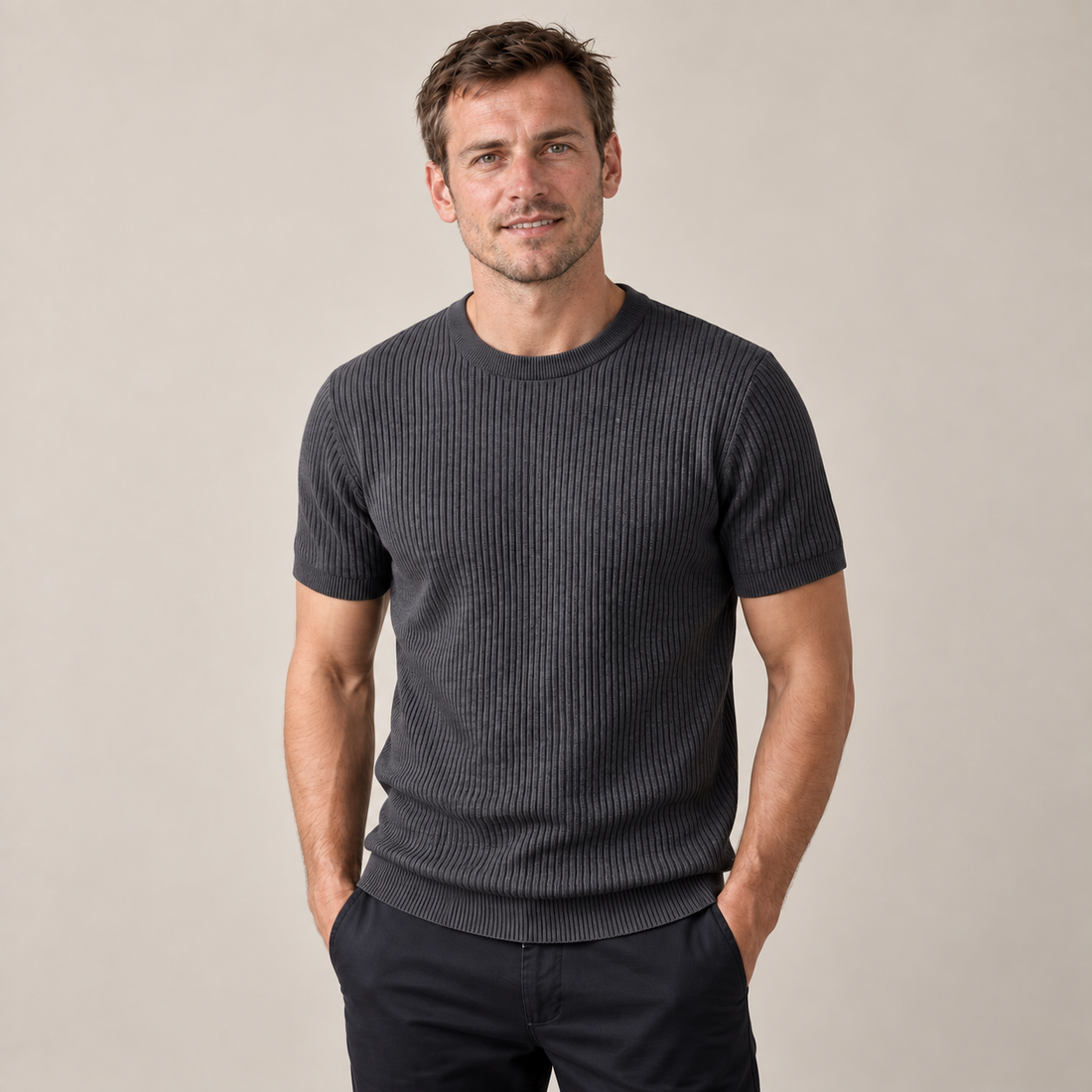 Men's Ribbed Knit Crew Neck T-Shirt
