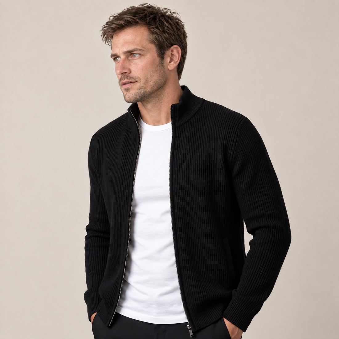 Men's Ribbed Wool Full-Zip Cardigan