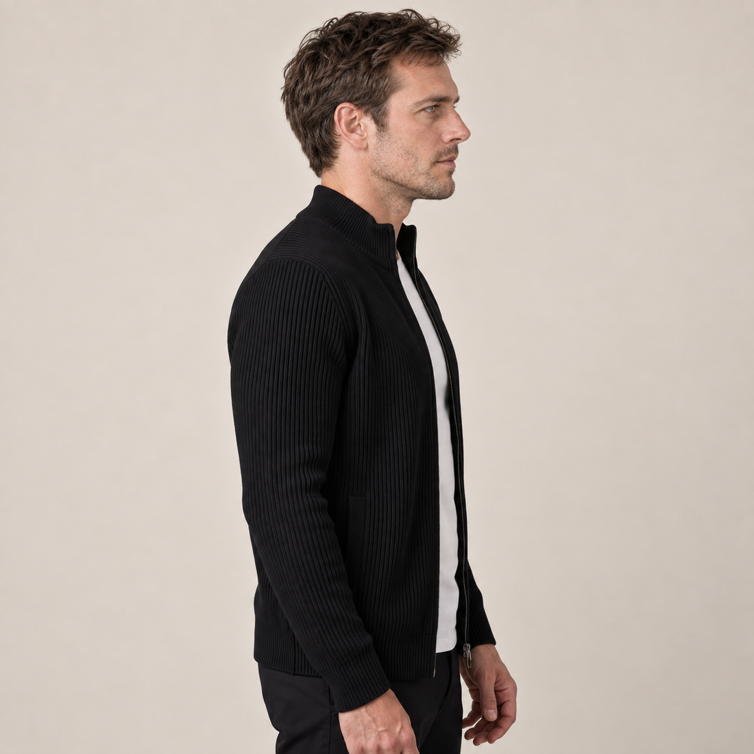 Men's Ribbed Wool Full-Zip Cardigan