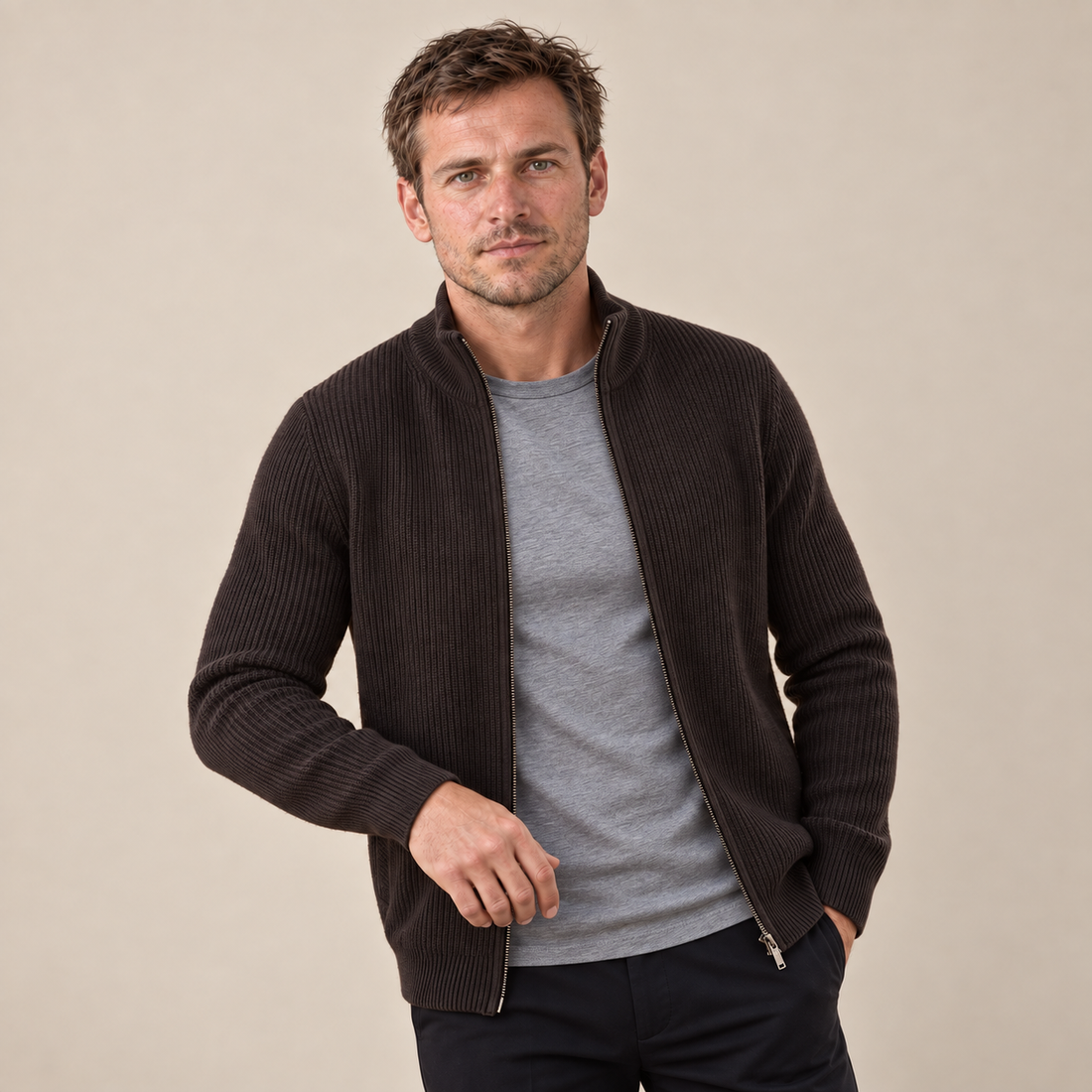 Men's Ribbed Wool Full-Zip Cardigan