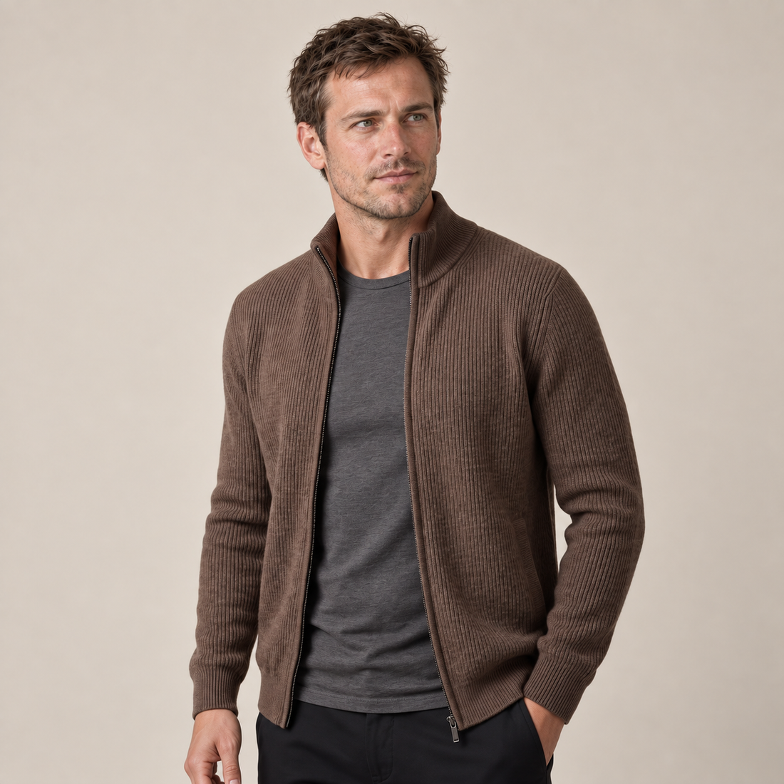 Men's Ribbed Wool Full-Zip Cardigan