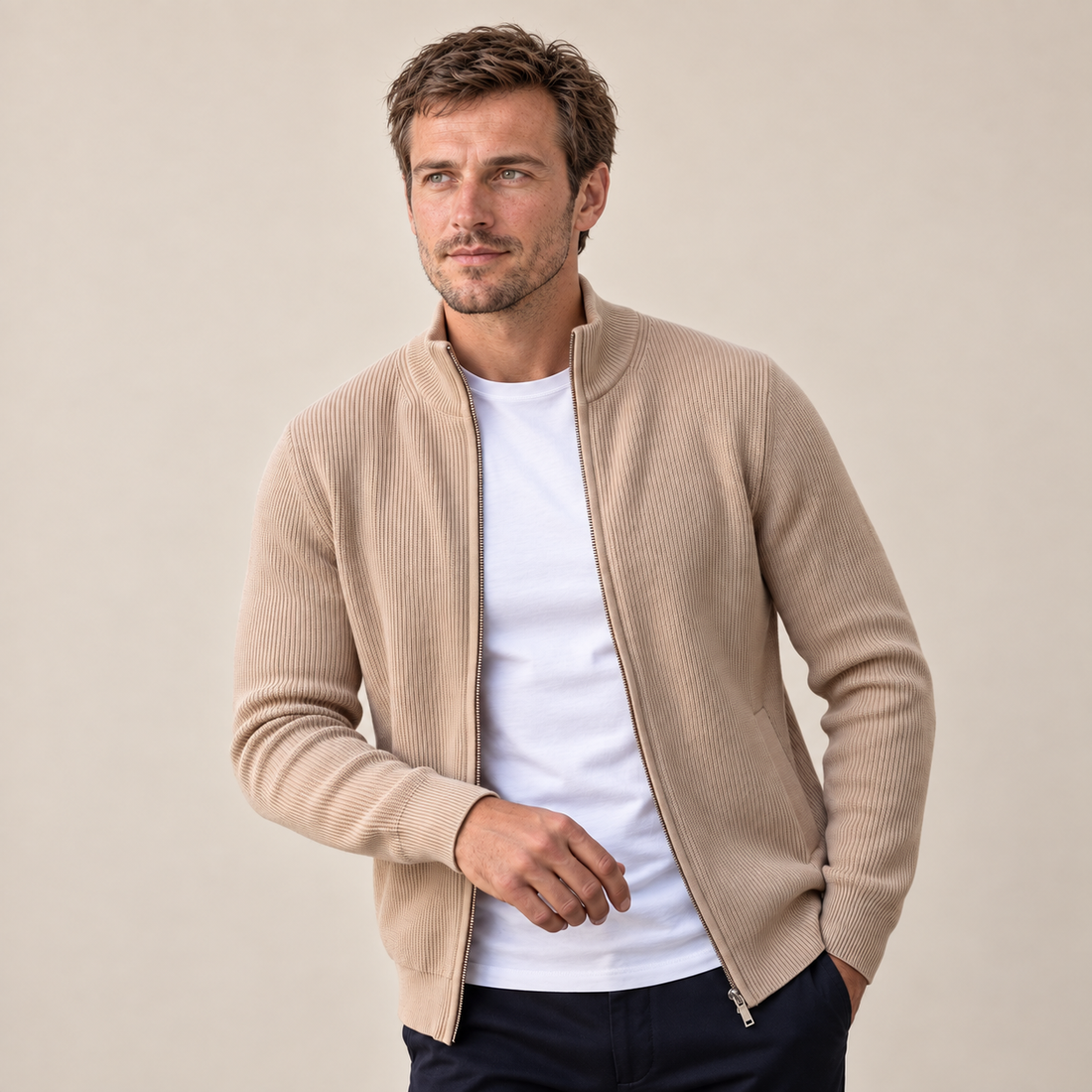 Men's Ribbed Wool Full-Zip Cardigan