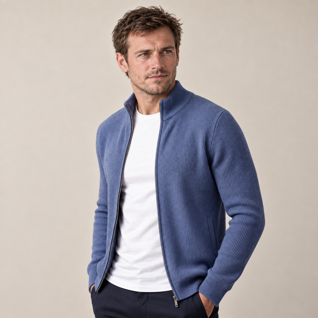 Men's Ribbed Wool Full-Zip Cardigan