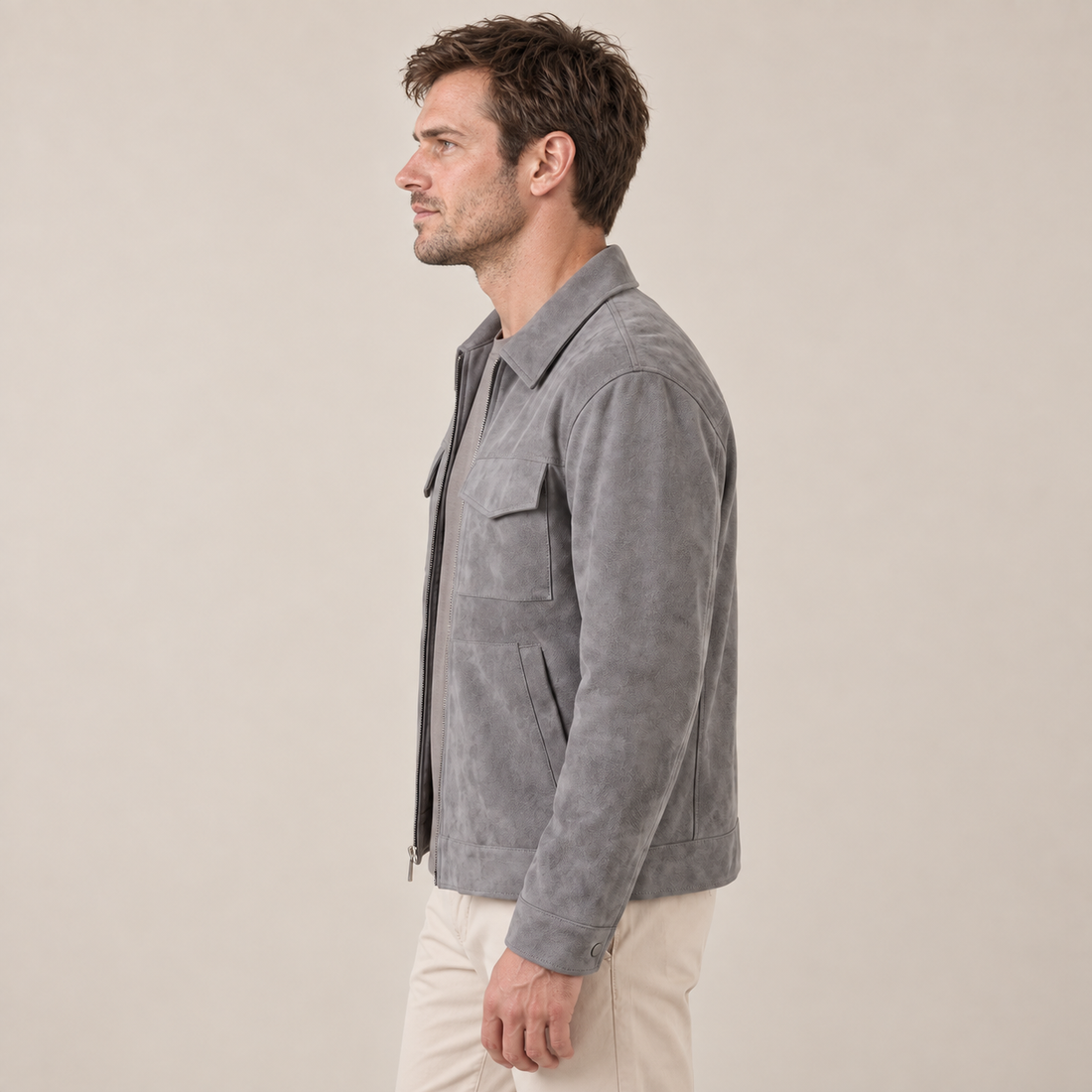 Men's Suede-Blend Jacket with Zip-Collar