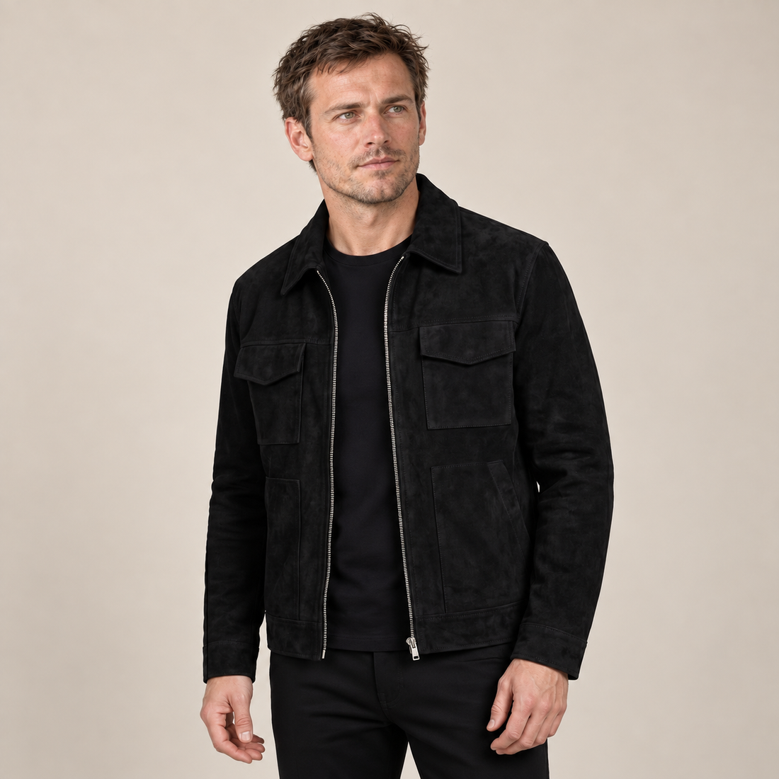 Men's Suede-Blend Jacket with Zip-Collar