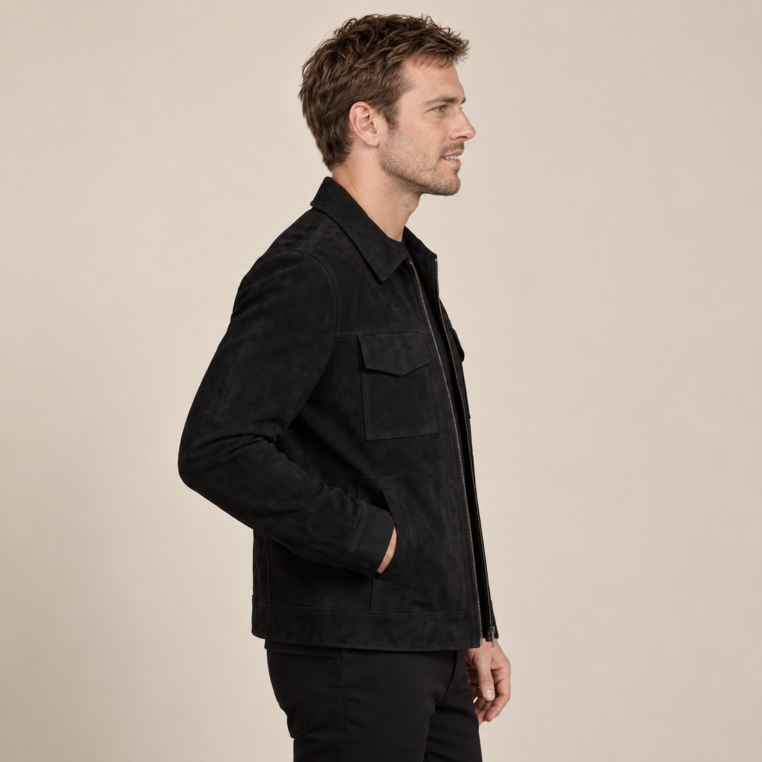 Men's Suede-Blend Jacket with Zip-Collar