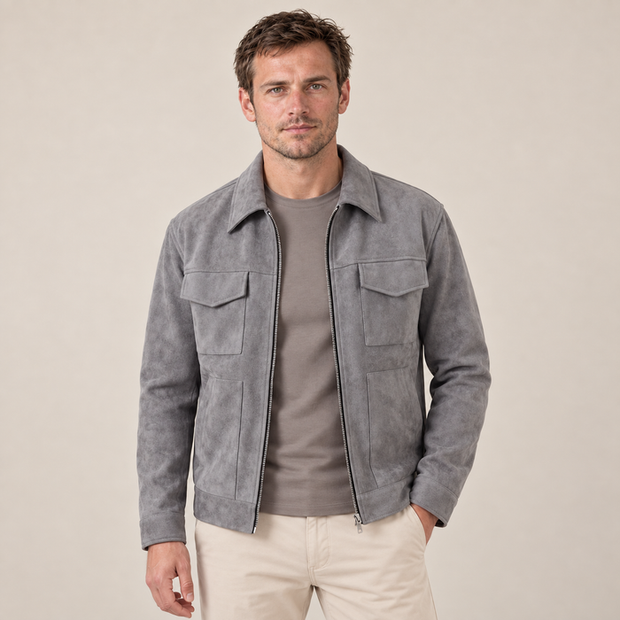 Men's Suede-Blend Jacket with Zip-Collar