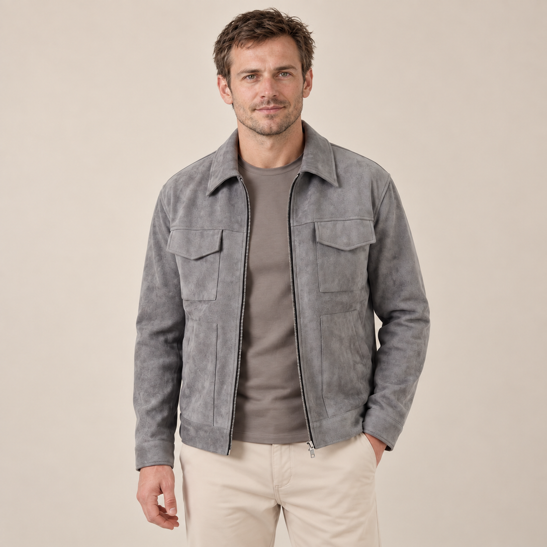 Men's Suede-Blend Jacket with Zip-Collar
