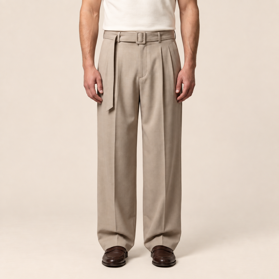 Men's Wide-Leg Belted Tailored Trousers