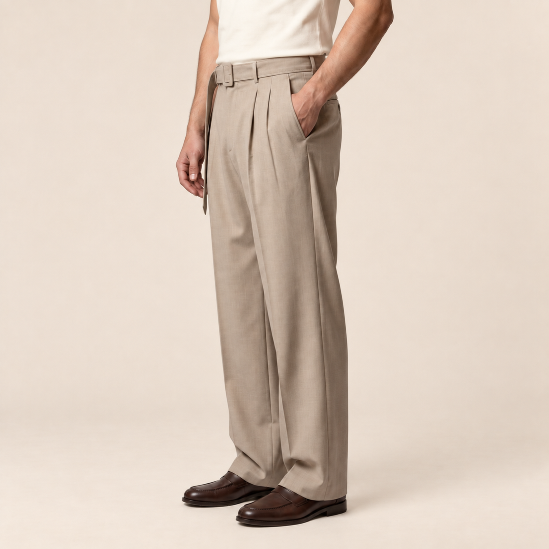 Men's Wide-Leg Belted Tailored Trousers