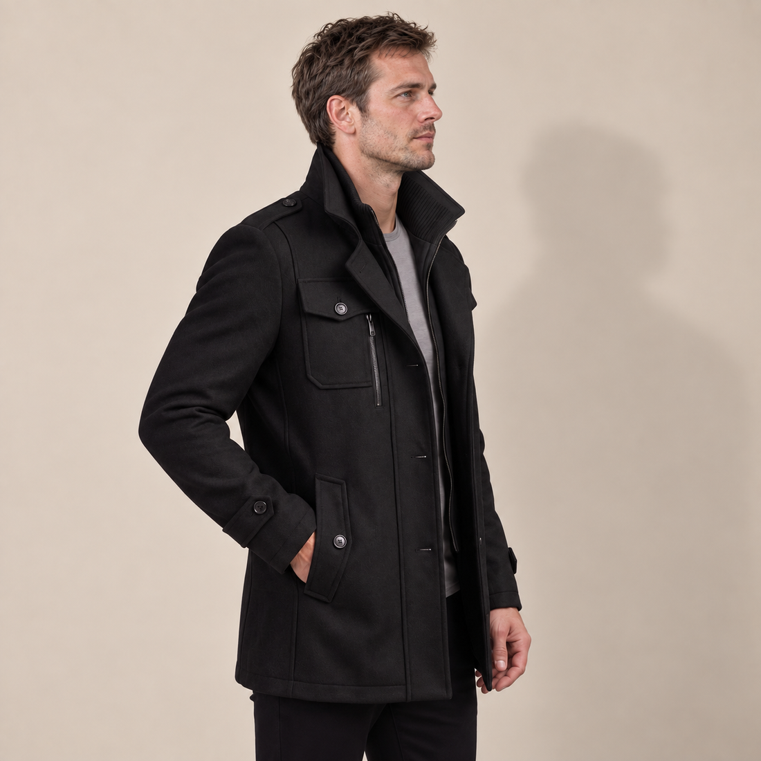Men's Wool Stand-Collar Overcoat