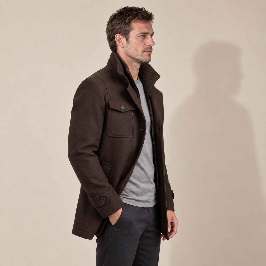 Men's Wool Stand-Collar Overcoat