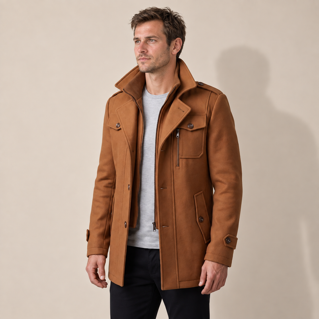 Men's Wool Stand-Collar Overcoat