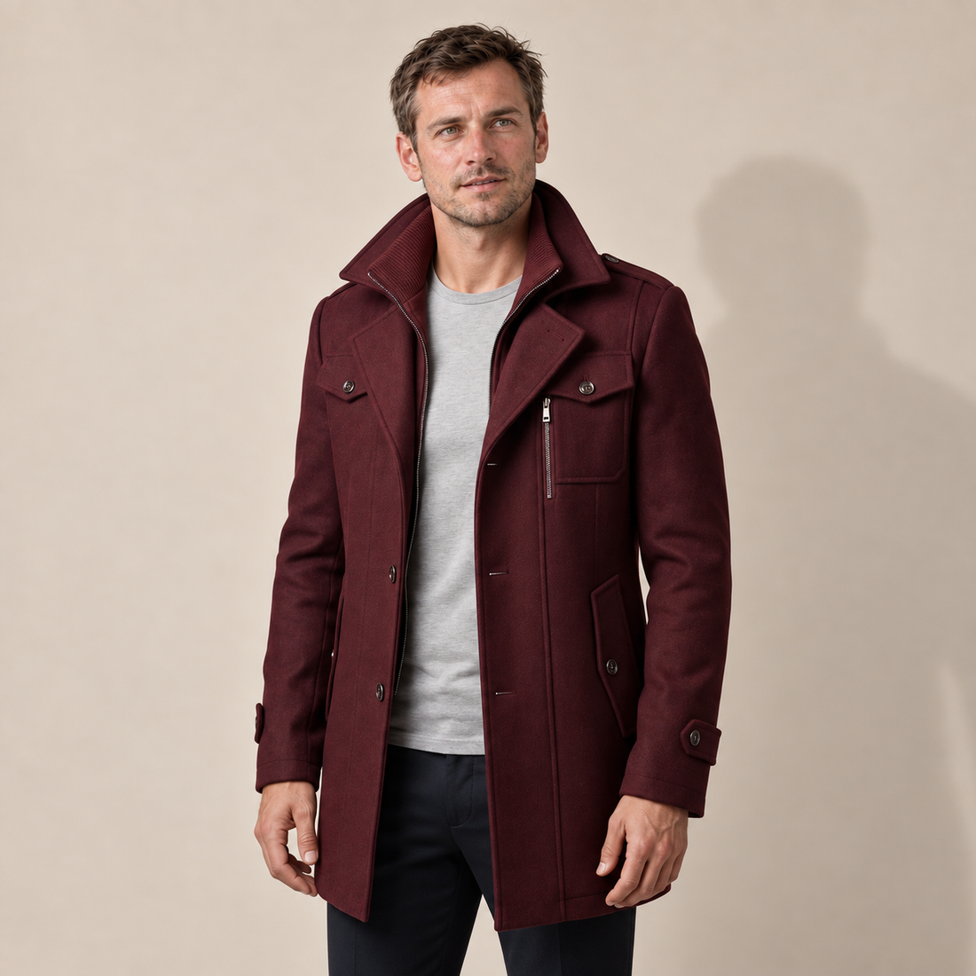 Men's Wool Stand-Collar Overcoat