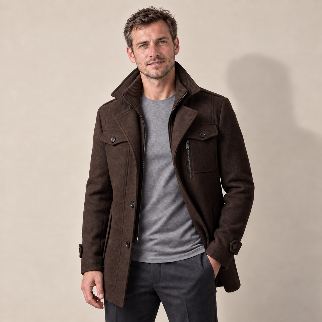 Men's Wool Stand-Collar Overcoat