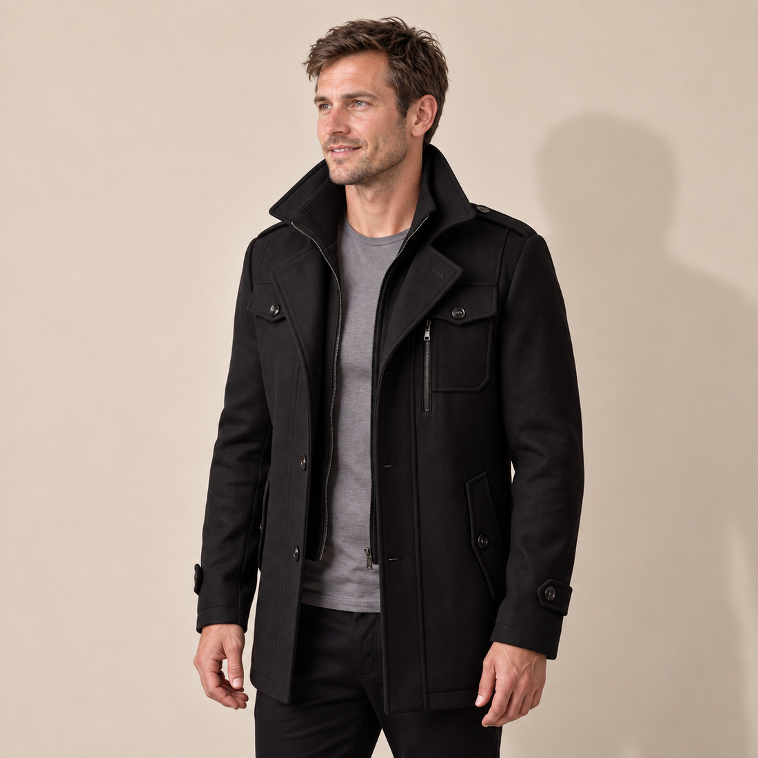 Men's Wool Stand-Collar Overcoat