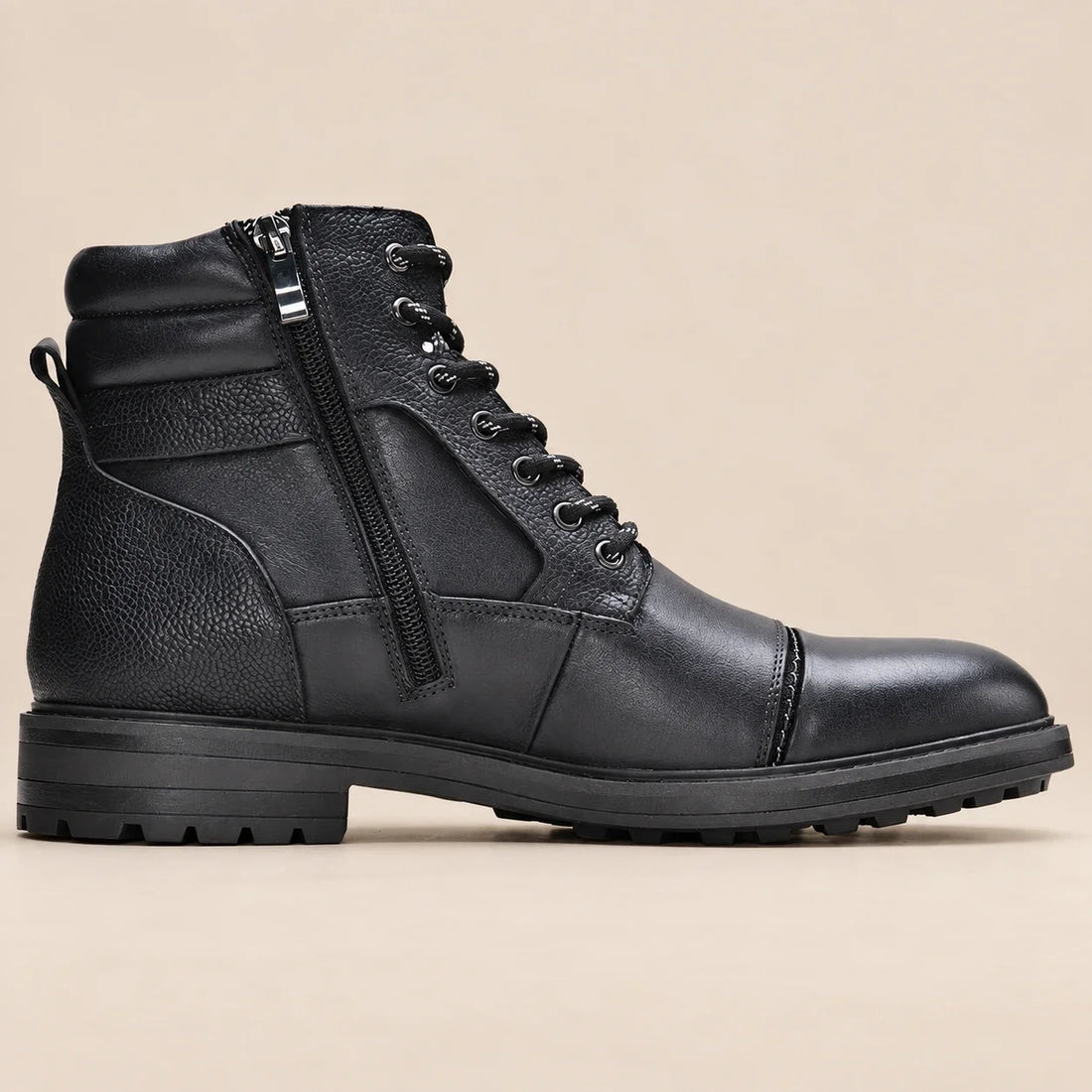 Men's Faux Leather Boots with Side Zip and Laces