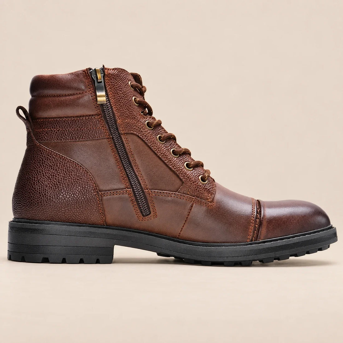 Men's Faux Leather Boots with Side Zip and Laces