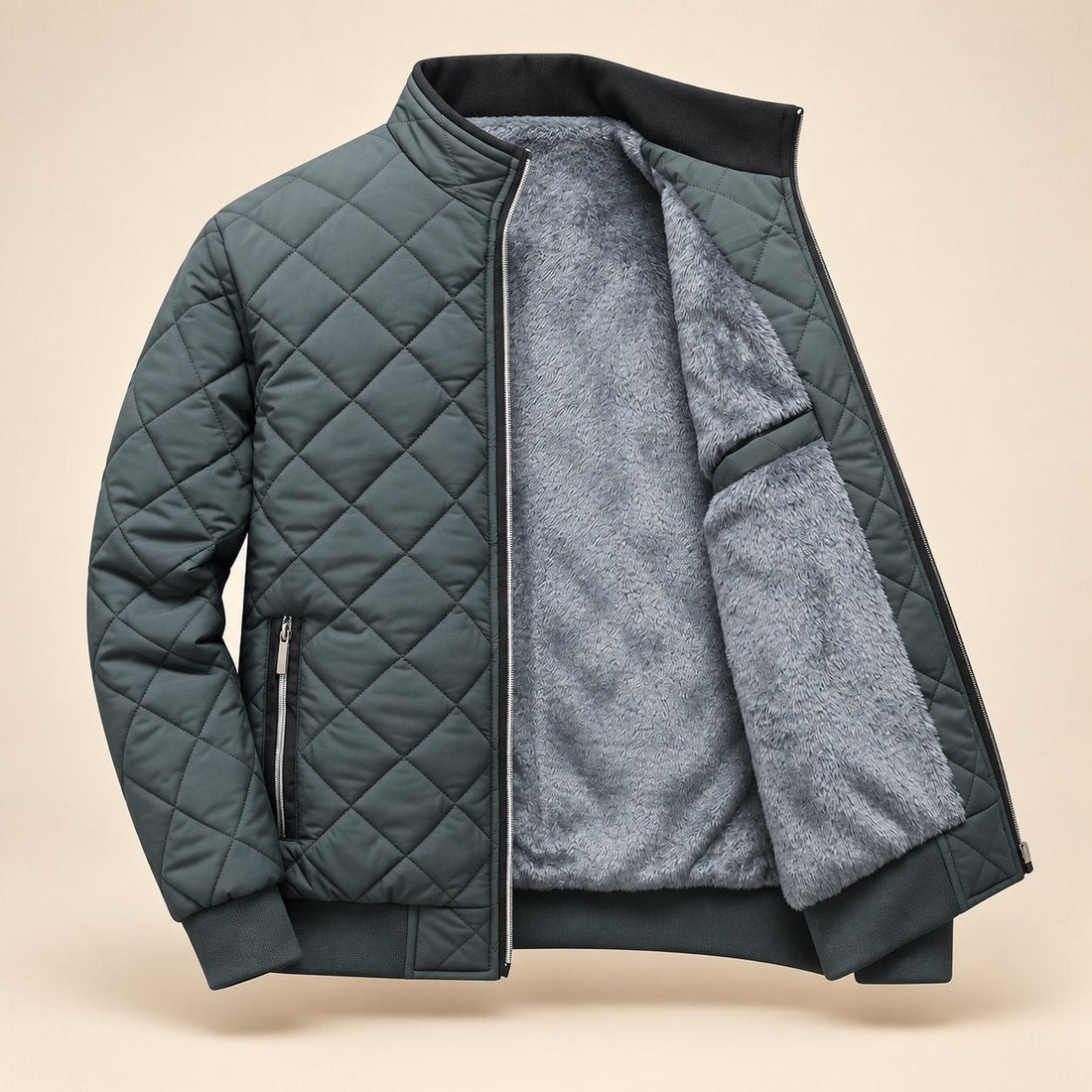 Men's Diamond Quilted Zip-Up Jacket with Stand Collar